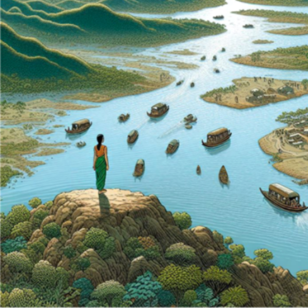 Image of a young woman in a sari gazing out at boats on a river, in the style of a book illustration
