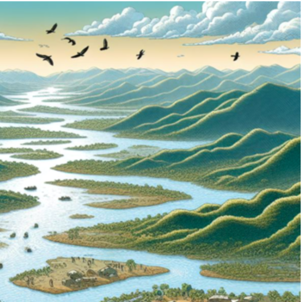 Image of a river disappearing in the distance among mountains, in the style of a book illustration